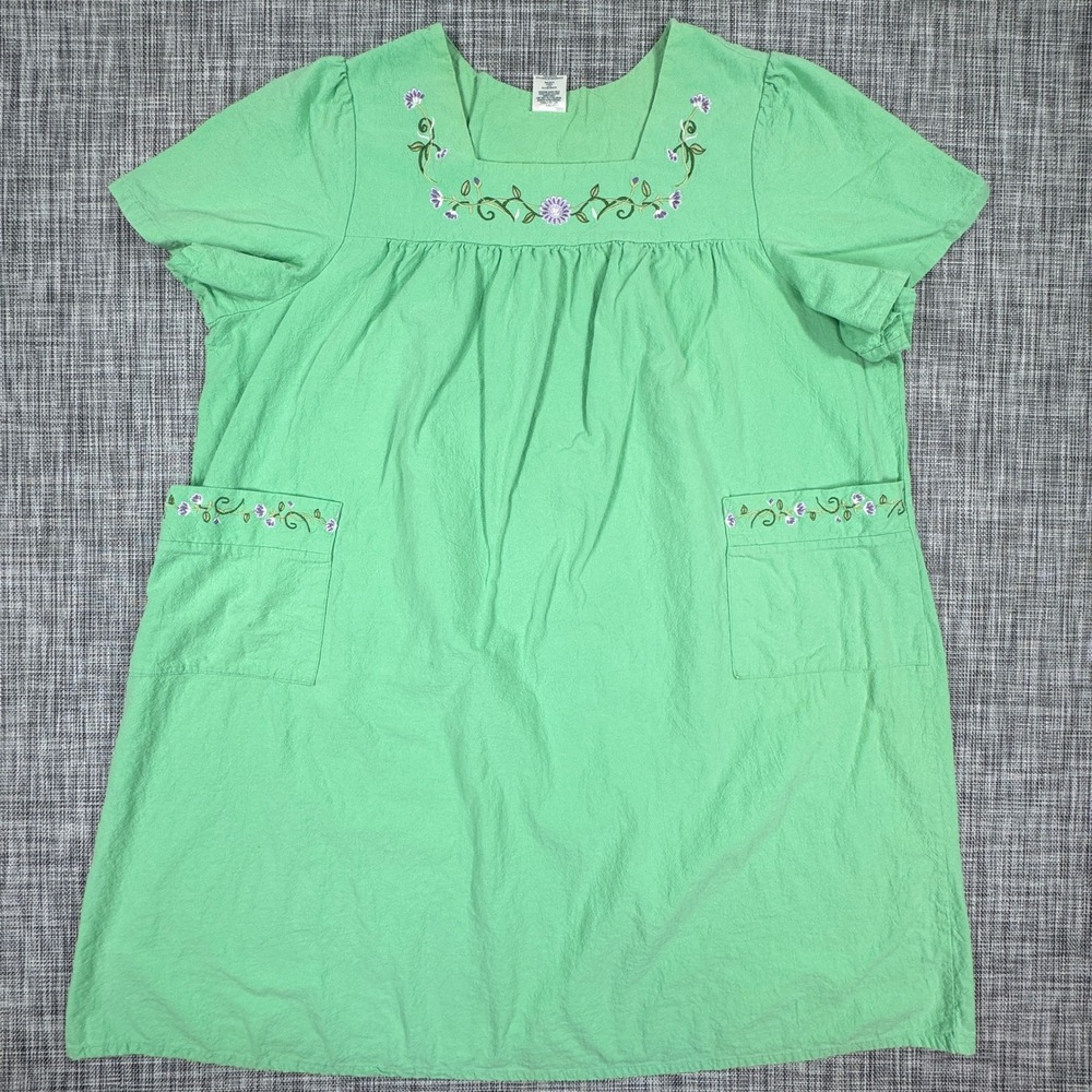 Blair Womens Nightgown House Dress 2XL Green Floral Embroidered Cotton Pockets